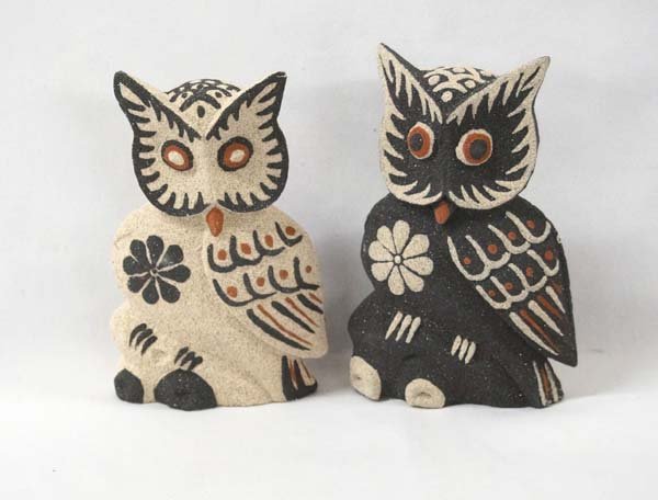 Pair of Sand Covered Carved Owls: Pair of Sand Covered Carved Owls. Albezia wood carvings covered with natual black and white beach sand. Hand done in Bali, Indonesia they measure approx. 6 1/2'' tall.