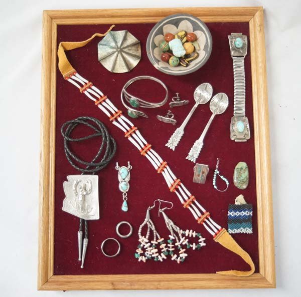 Collection of Jewelry, Some Native American: Collection of Jewelry, Some Native American, includes beadwork, bolo, collector's spoons, Navajo Sterling Turquoise Watch Band, turquoise cabochon, Navajo Heishi Turquoise Earrings with Sterling Cones