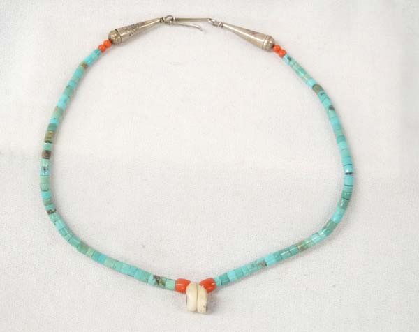 Navajo Old Pawn Turquoise Heishi Choker: Native American Navajo Old Pawn Turquoise Heishi Choker, measures 14'' end to end, hand stamped sterling silver cones and findings