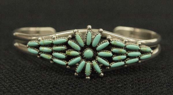 Zuni Sterling Needlepoint Turquoise Bracelet: Beautiful Native American Zuni Sterling Needlepoint Turquoise Bracelet, inside measures 7'' end to end which includes opening x .75''W, stamped .925 and sterling