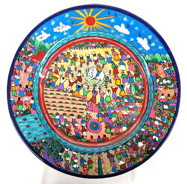 Tlaquepaque Hand Painted Folk Art Pottery Platter: Mexican Tlaquepaque Hand Painted Folk Art Pottery Platter, measures 16''D and is brightly painted, signed SM and ready to hang