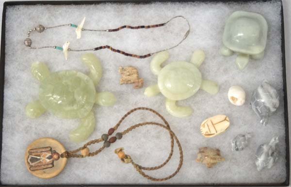 Collection of Turtles, Jewelry, and Misc.: Collection of Turtles, Jewelry, and Misc., includes Chinese Carved Bone Beetle, 2 Jade Sea Turtles, 1 Jade Tortoise, 1 Native American Carved Dolomite Rabbit Fetish with Turquoise Eyes, 3 Mexican Carv