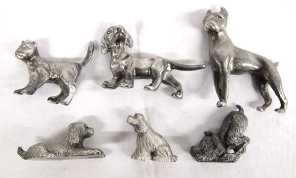 5 Miniature Pewter Dogs and 1 Cat: 5 Miniature Pewter Dogs and 1 Cat, largest measures 1.5'' x 1.5''