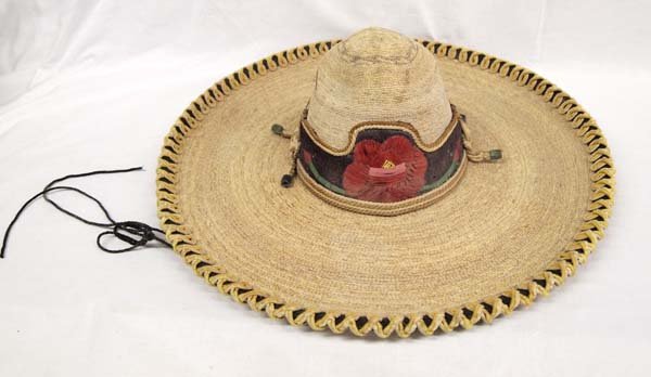 Antique Mexican Hand Embroidered Sombrero: Antique Mexican Hand Embroidered Sombrero, measures 18''D, Small-Medium