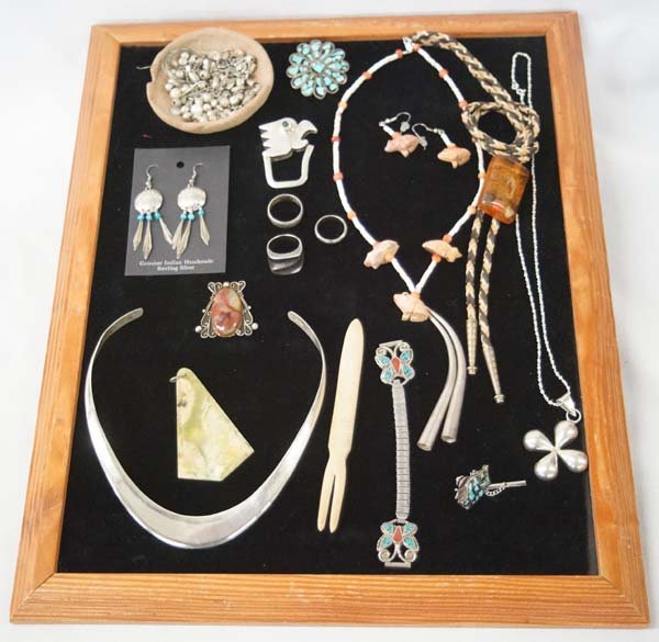 Collection of Southwestern Silver Jewelry Plus: Collection of Southwestern Silver Jewelry Plus, includes Native American Navajo Earrings, Navajo Jasper Pendant, Mexican Sterling Neck Wire Choker, Carved Bone Pick, Chip Inlay Turquoise and Coral Wat