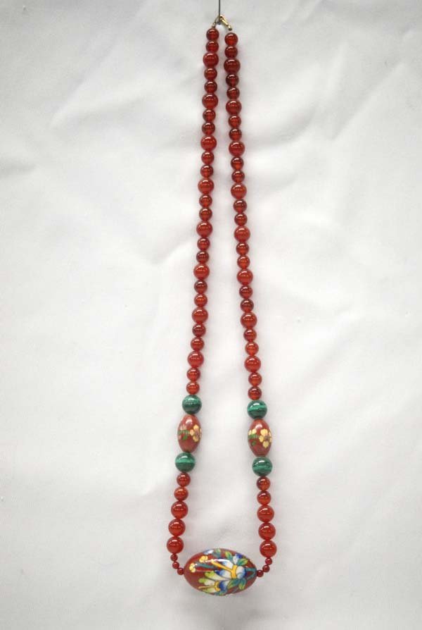Carnelian Bead Necklace + Cloisonne Bead Pendant: Carnelian Bead Necklace + Cloisonne Bead Pendant, measures 26'' end to end and bead pendant measures 1.75''L x 1''D, gorgeous colors, embellished with 4 banded malachite beads