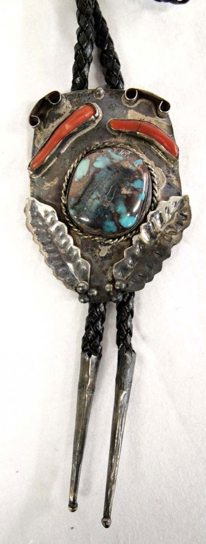 1940 Navajo Sterling Turquoise Coral Bolo Tie (1 of 4)