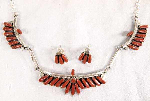 Zuni Silver Petit Point Coral Necklace + Earrings (1 of 3)