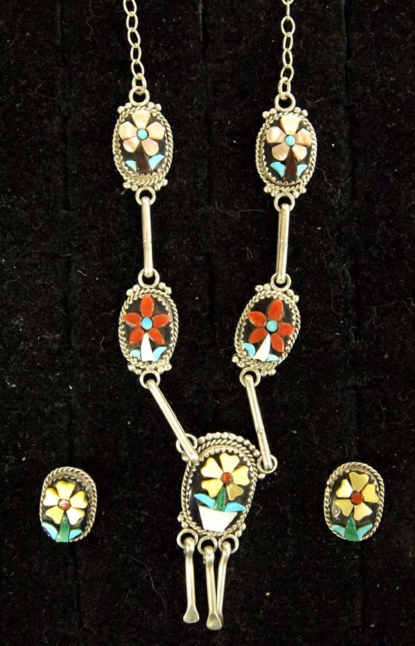 Zuni Silver Overlay Necklace + Earrings, Calavaza (1 of 4)