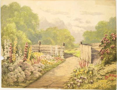 Original Painting by Am. Artist CG Davidson 1866-1945: Original Watercolor Painting by Listed American Artist Charles Grant Davidson 1866-1945. Painting "The Garden Gate" measures 10.25'' x 13.25'', small piece missing on side of picture as seen in photo.