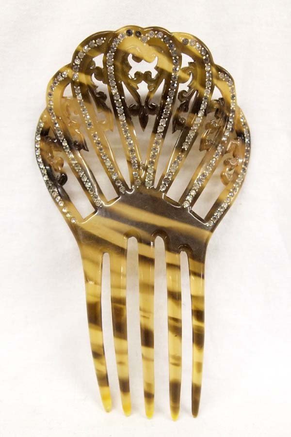 Antique Tortoise Shell Colored Celluloid Hair Comb: Antique Tortoise Shell Colored and Rhinestone Celluloid Peineta (Hair Comb), measures 4'' x 6'', missing about 3 rhinestones, ornate and beautiful