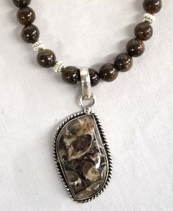 Turritella Agate Pendant and Silver Bead Necklace (1 of 3)