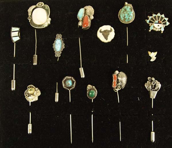 1950-1960 Navajo and Zuni Sterling Pins: 1950-1960 Native American Navajo and Zuni Sterling Stick and Push Pins, some have safety clasp, includes pink mother of pearl, coral, Kingman turquoise, malachite, abalone, Zuni inlay, Black Hills Gol