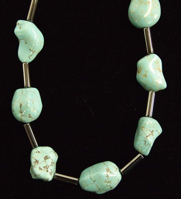 Navajo Dead Pawn Turquoise + Hematite Necklace: Native American Cerrillos Navajo Dead Pawn Turquoise + Hematite Necklace, measures 21'' end to end