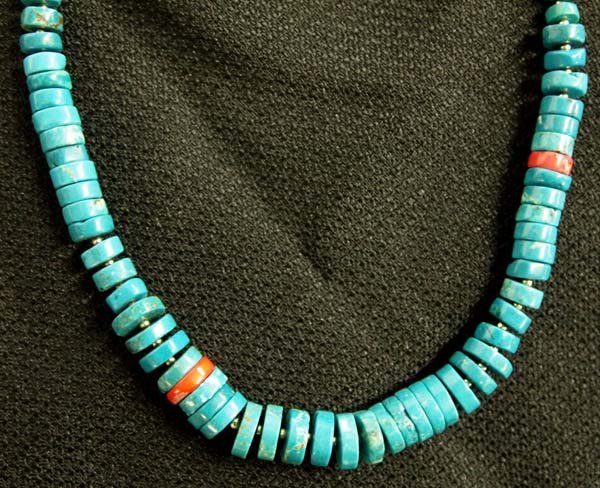 Kingman Turquoise and Coral Heishi Bead Necklace (1 of 3)