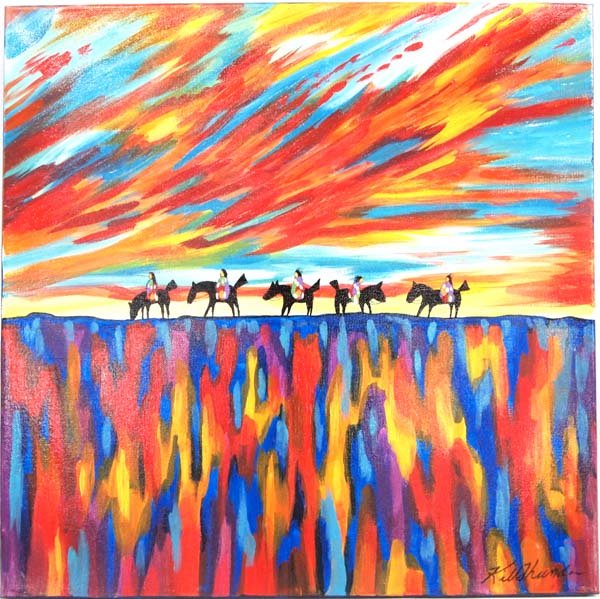 Original Acrylic Painting by Kathy Kills Thunder: Original Acrylic Painting ''Weayaya'' (Sunset) by Kathy Kills Thunder, measures 20'' x 20'' and signed by artist, Artist Bio: Kathleen Kills Thunder (her legal name) was born in 1947 in Seattle, WA. H