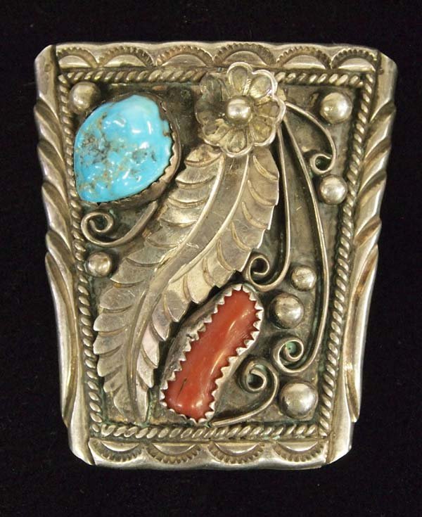 Navajo Silver Turquoise Coral Pin by Sally Yazzie: Native American Navajo Sterling Silver Turquoise Coral Pin by Sally Yazzie, measures 2'' x 1.75'', hallmarked
