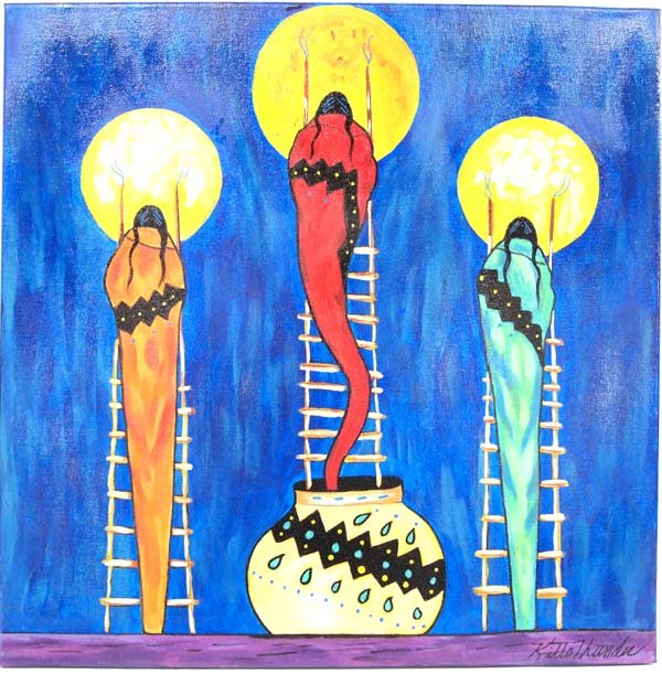 Original Acrylic Painting by Kathy Kills Thunder: Original Acrylic Painting ''Kajika'' (Walks Without Sound) by Kathy Kills Thunder, measures 20'' x 20'' and signed by artist, Artist Bio: Kathleen Kills Thunder (her legal name) was born in 1947 in Se