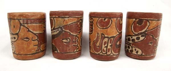 4 Mexican Mayan Pottery Cups: 4 Mexican Mayan Pottery Cups, measure 2.75'' x 2''