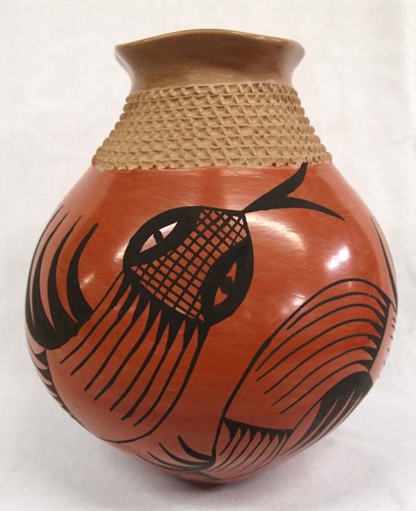 Mexican Mata Ortiz Snake Jar by Jose Gonzalez: Mexican Mata Ortiz Snake Jar by Jose Gonzalez, measures 8.25''D x 10''H and signed by artist, textured neck, fluted flared rim