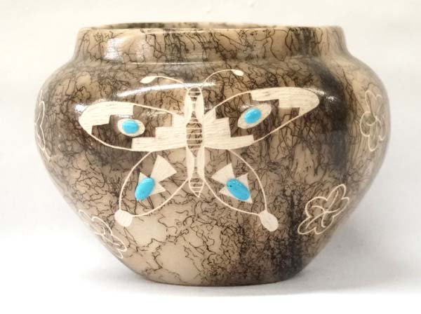 Navajo Horse Hair Pottery Jar by C. Vail: Native American Navajo Horse Hair Pottery Jar by C. Vail, carved designs and signed by artist, measures 5'' x 6''
