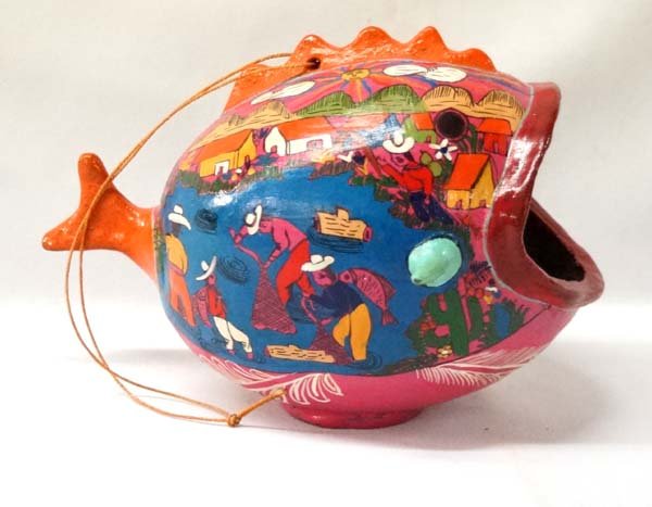 Mexican Hand Painted Carved Coconut Fish Folk Art (1 of 4)