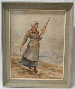 Original Watercolor after Satterlee's The Spinner: Original 1889 Watercolor by Alice Perry (Beamis) Janeway after Walter Satterlee's The Spinner, framed and under glass, provenance on back, visual measures 17.5'' x 13.5''