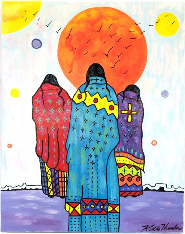 Original Acrylic Painting by Kathy Kills Thunder: Original Acrylic Painting ''Onawa'' (Wide Awake) by Kathy Kills Thunder, measures 16'' x 20'' and is signed by artist, Artist Bio: Kathleen Kills Thunder (her legal name) was born in 1947 in Seattle, 