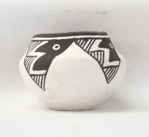 Miniature Acoma Pottery Jar by Emma Lewis: Miniature Native American Acoma Pottery Jar by Emma Lewis (1931-present), measures 1''H x 1.5''W, signed by artist, FYI: ''Emma Lewis Mitchell is the daughter of perhaps the most famous of all the Aco