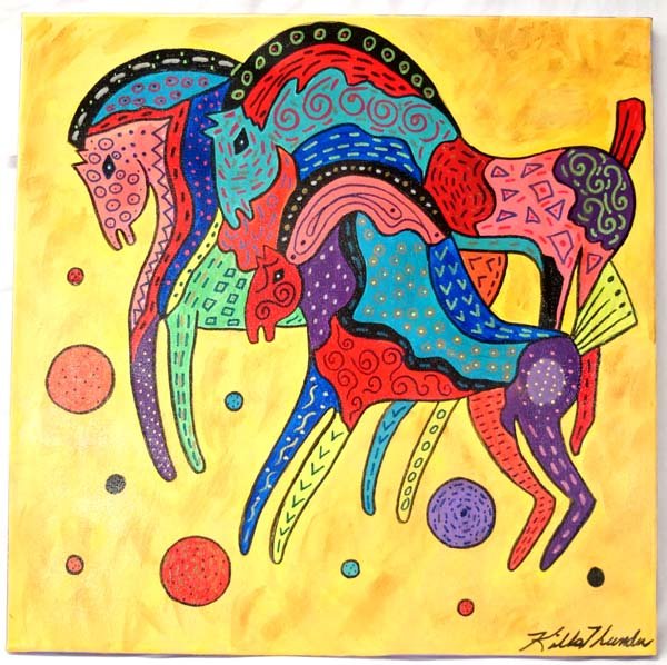 Original Acrylic Painting by Kathy Kills Thunder: Original Acrylic Painting ''Cataclysmic'' by Kathy Kills Thunder, measures 20'' x 20'' and is signed by artist, Artist Bio: Kathleen Kills Thunder (her legal name) was born in 1947 in Seattle, WA. Her