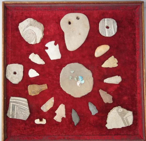 Prehistoric Mimbres Findings from New Mexico Ranch: Prehistoric Mimbres Findings from New Mexico Ranch, includes painted pottery sherds, pottery whirls, pottery pendants, arrowheads, smoothing stone, turquoise, crystal, unusual rock specimens, obsidian