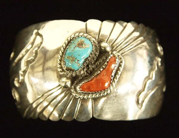 Navajo Sterling Turquoise Coral Cuff Bracelet (1 of 4)