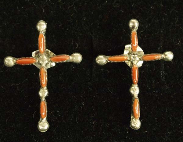 Zuni Sterling Silver Coral Needlepoint Earrings: Native American Zuni Sterling Silver Coral Needlepoint Cross Earrings, measure 1'' x .75''