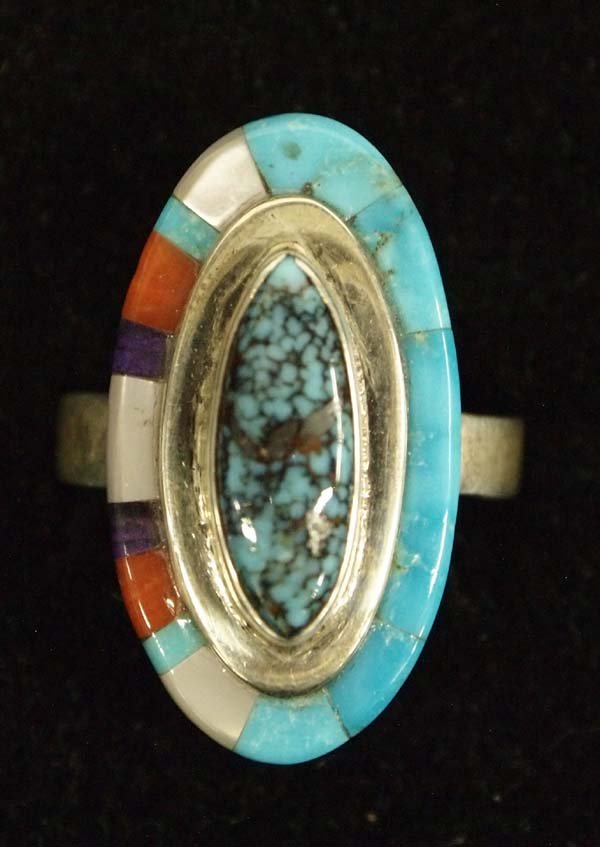 Native American Pit Indian Silver Inlay Ring, Sz 9 (1 of 3)