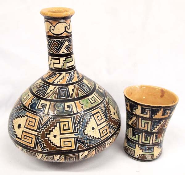 Mexican Hand Painted Decanter and Matching Glass (1 of 3)