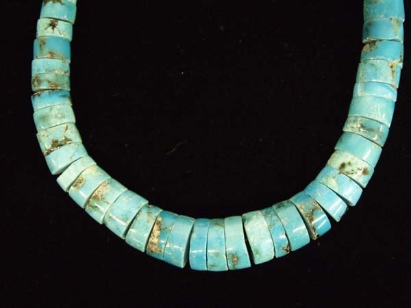 Navajo Block Turquoise Choker Necklace: Native American Navajo Block Turquoise Choker Necklace, brass cones and clasp, measures 16.25'' end to end, largest bead measures .5''D