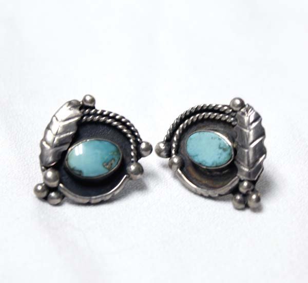 1950 Navajo Sterling Turquoise Screwback Earrings: 1950's Native American Navajo Sterling Silver Turquoise Screwback Earrings, measure 1'' x 1''