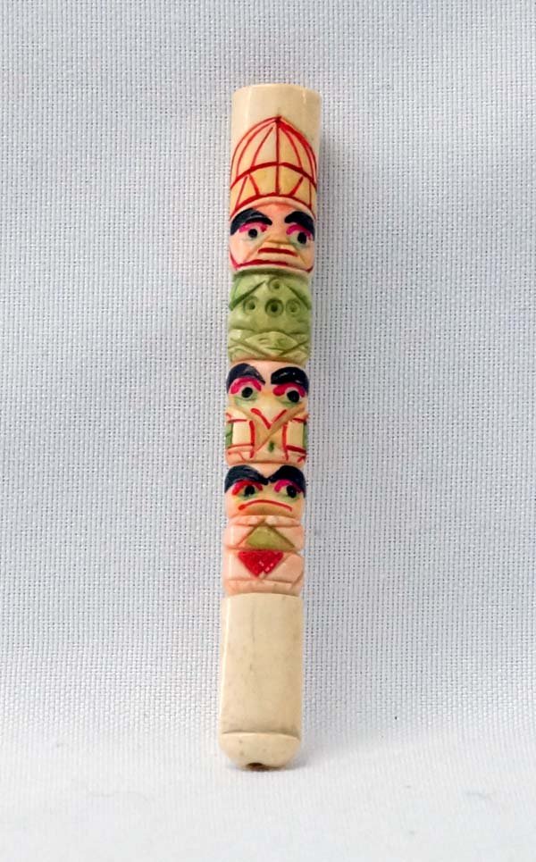 Vintage Carved Bone Totem Pole Cigarette Holder: Vintage Native American Northwest Coast Carved Bone Totem Pole Cigarette Holder, measures 3.75''L