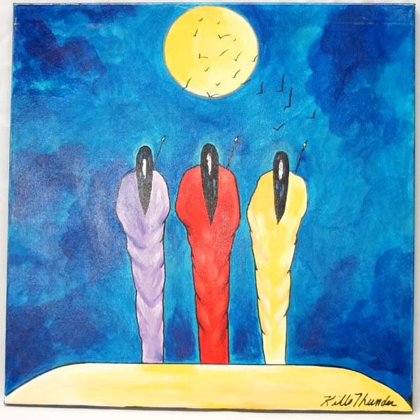 Original Acrylic Painting by Kathy Kills Thunder: March 23, 2016 Original Acrylic Painting ''Midnight Maidens'' by Kathy Kills Thunder, measures 20'' x 20'' and is signed by artist, Artist Bio: Kathleen Kills Thunder (her legal name) was born in 1947