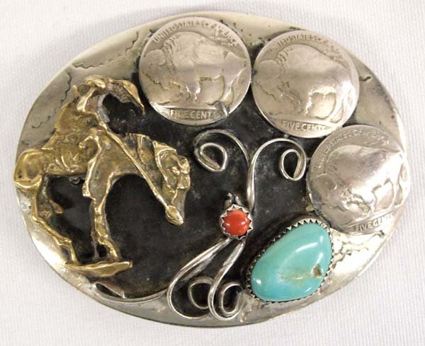 Buffalo Nickel, Turquoise and Coral Cowboy Buckle (1 of 2)