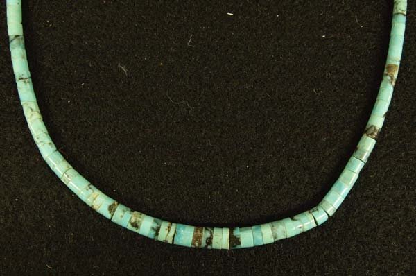 Navajo Bisbee Turquoise Heishi Choker Necklace: From the Lucille Frazier Estate, we have a Navajo Bisbee Turquoise Heishi Choker Necklace, measures 15'' end to end, sterling silver accent beads and clasp
