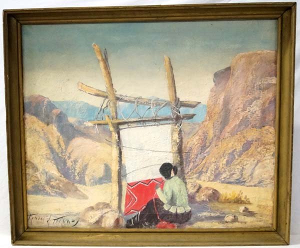 Antique Oil Painting, Navajo Woman Weaving at Loom (1 of 3)