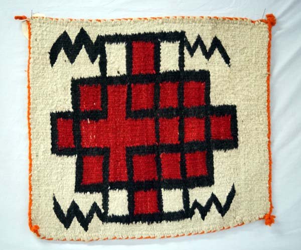 Antique 1920s Native American Navajo Textile Rug: Antique 1920s Native American Navajo Textile Rug, 4 cornered tassels intact, measures 20''x 21.5''