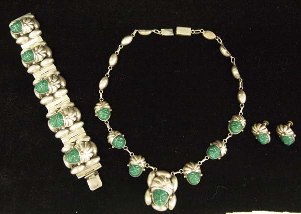 Mexican Silver and Jade Bracelet Necklace Earrings: Mexican Silver and Jade Bracelet, Necklace, and Screwback Earrings, necklace measures 16'' end to end and pendant measures 1.5''L, bracelet is marked sterling, necklace is marked sterling, and earring
