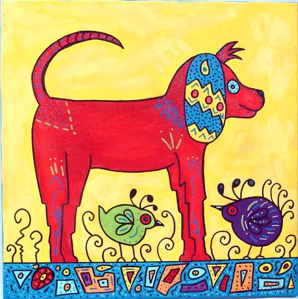 Original Acrylic Painting by Kathy Kills Thunder: Original Acrylic Painting ''Red Hot Chili Dog'' by Kathy Kills Thunder, measures 20'' x 20'', signed by artist, Artist Bio: Kathleen Kills Thunder (her legal name) was born in 1947 in Seattle, WA. Her