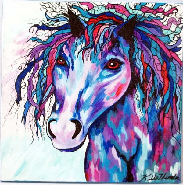 Original Acrylic Painting by Kathy Kills Thunder: Original Acrylic Painting ''Aleshanee'' (She Plays all the Time) by Kathy Kills Thunder, measures 20'' x 20'', Artist Bio: Kathleen Kills Thunder (her legal name) was born in 1947 in Seattle, WA. Her 