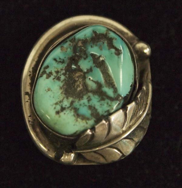 1960s Navajo Sterling Silver Turquoise Ring, 7.5: 1960 Native American Navajo Sterling Silver Turquoise Ring, Size 7.5, measures 7/8''L, engraved artist's initials