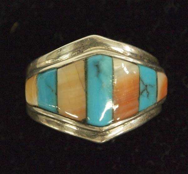 Pit River Indian Sterling Inlay Ring, Size 8: Native American Pit River Indian Sterling Inlay Ring by Lucky Preston, Size 8, measures 5/8''L, inlay includes red shell and turquoise, 9.39g in total wt.