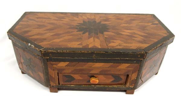Antique Art Deco Wood Marquetry Jewelry Box: Antique Art Deco Wood Marquetry Jewelry Box, measures 15'' x 5'' x 8.25'', satin lined, normal wear and tear for age, some missing wood pieces on bottom, hinges have been replaced, beautiful piece