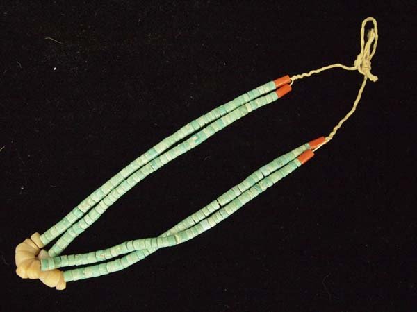 Vintage Navajo Turquoise Coral Joclas: Vintage Native American Navajo Turquoise Coral Joclas, measure 12'' end to end, carved stone corn beads, string tied